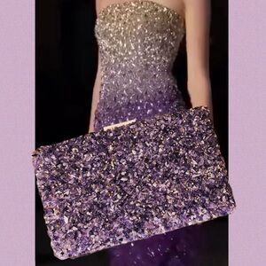 Purple Amethyst Gemstone Clutch with long gold (detachable) chain strap.
